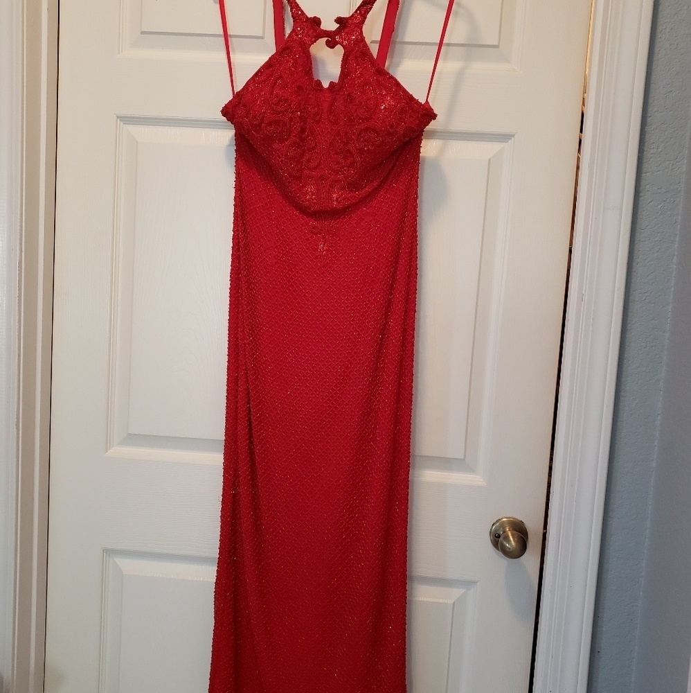 Scala beaded and sequined red evening gown